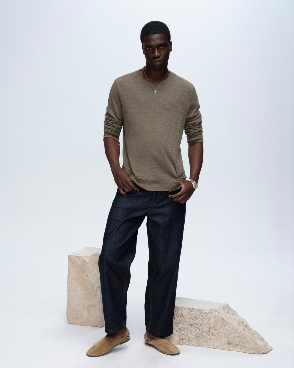 Slub Jersey Long Sleeve Destroyed Wash Tee - Army