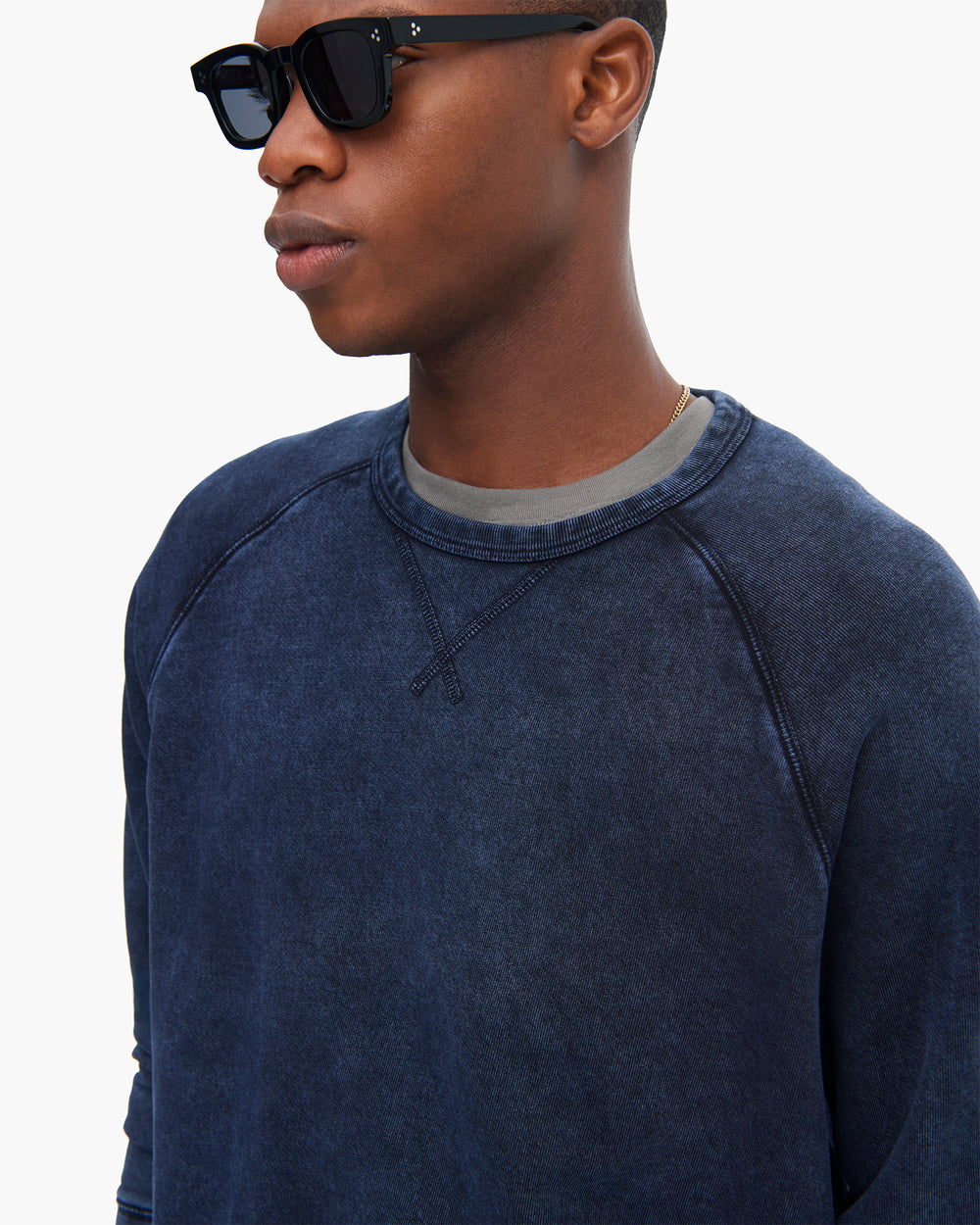 French Terry with Pigment Wash Crew Neck Pullover - Dark Navy