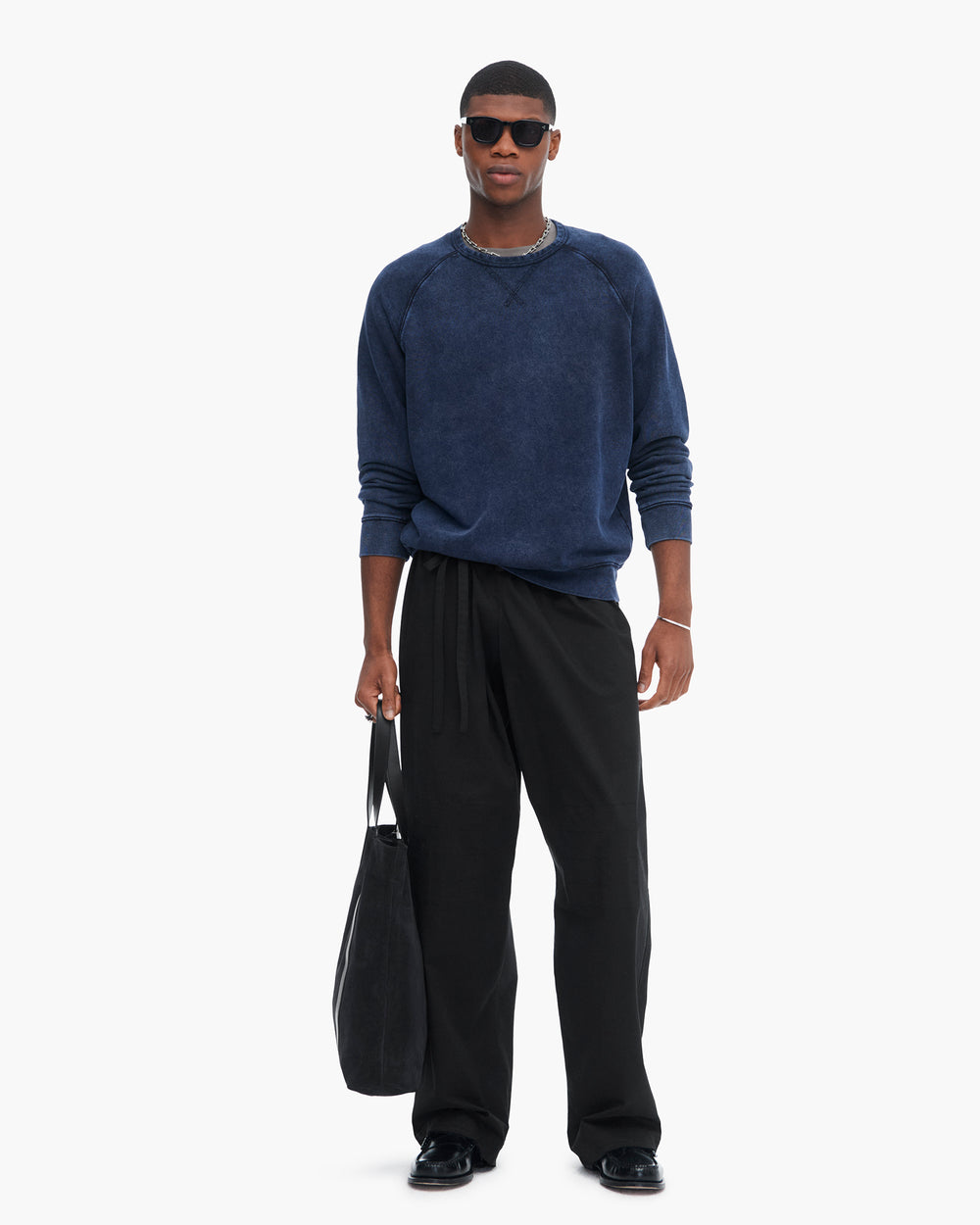 French Terry with Pigment Wash Crew Neck Pullover - Dark Navy