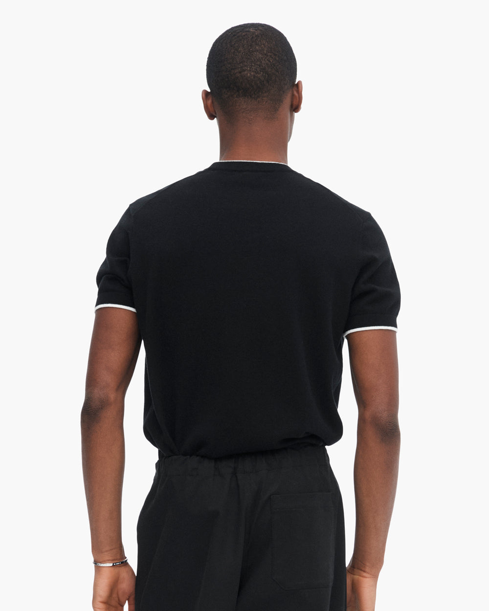 Cotton Cashmere Short Sleeve Crew Neck Sweater with Tipping - Black