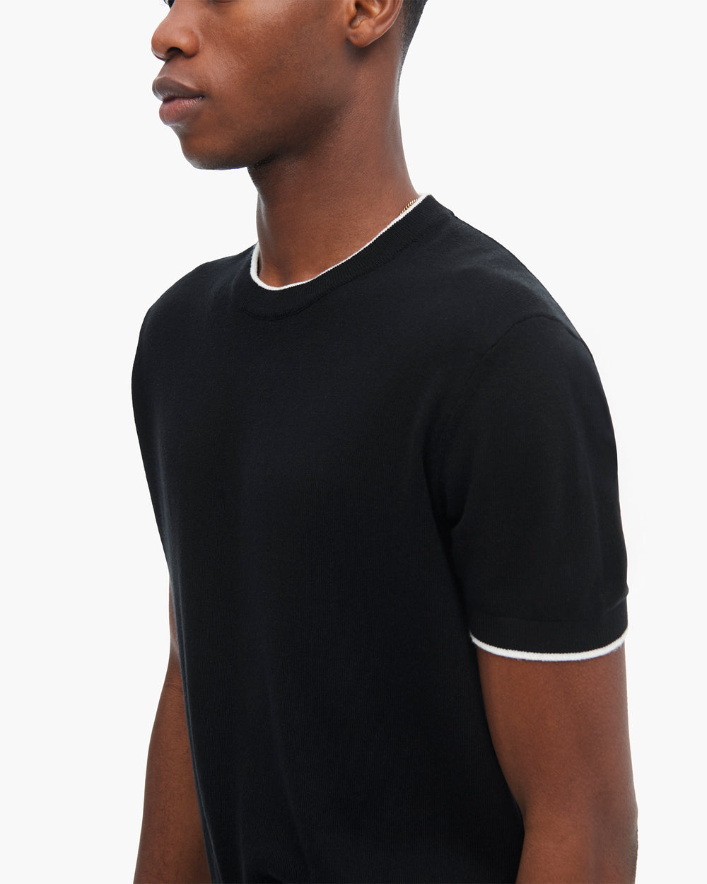 Cotton Cashmere Short Sleeve Crew Neck Sweater with Tipping - Black