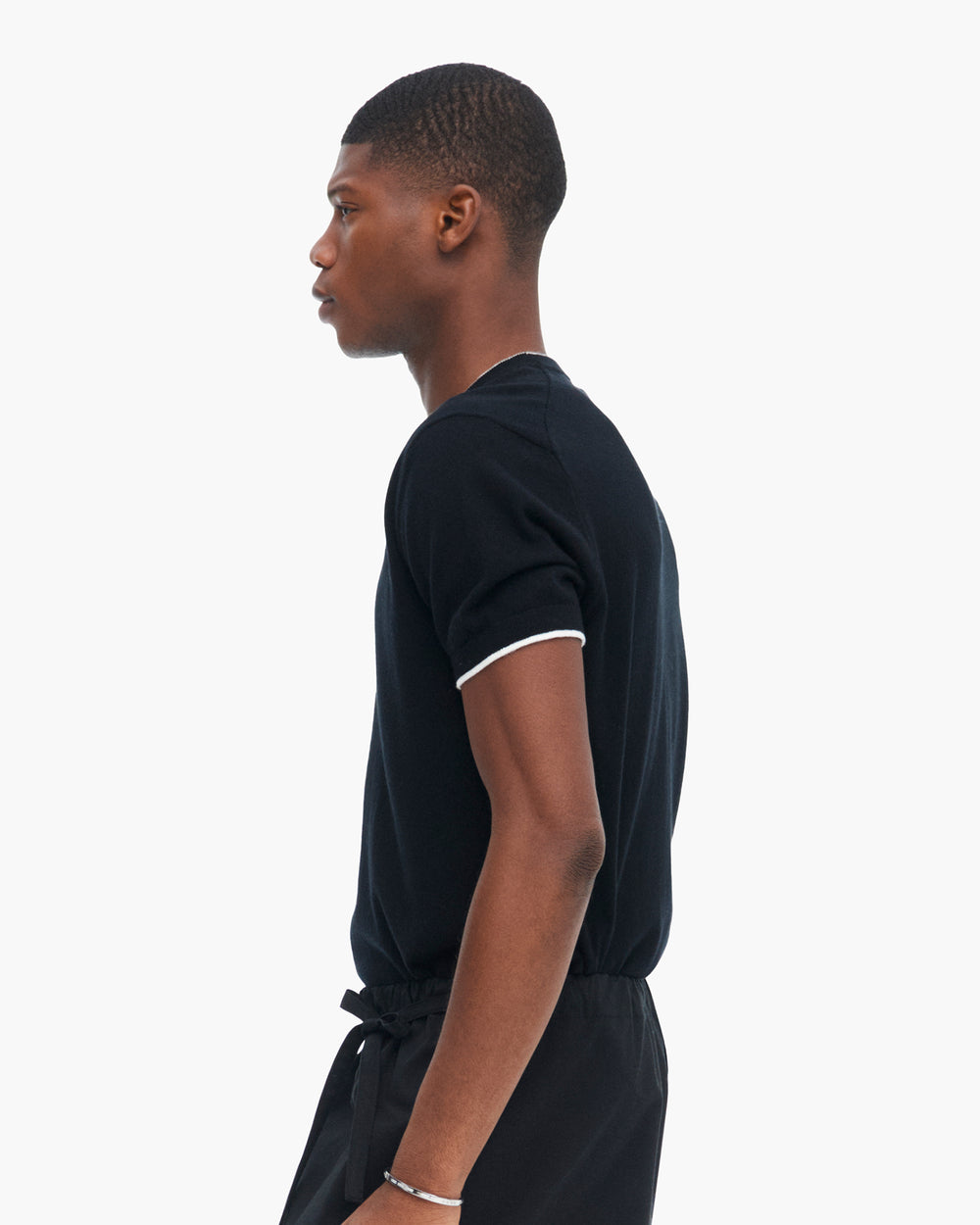 Cotton Cashmere Short Sleeve Crew Neck Sweater with Tipping - Black