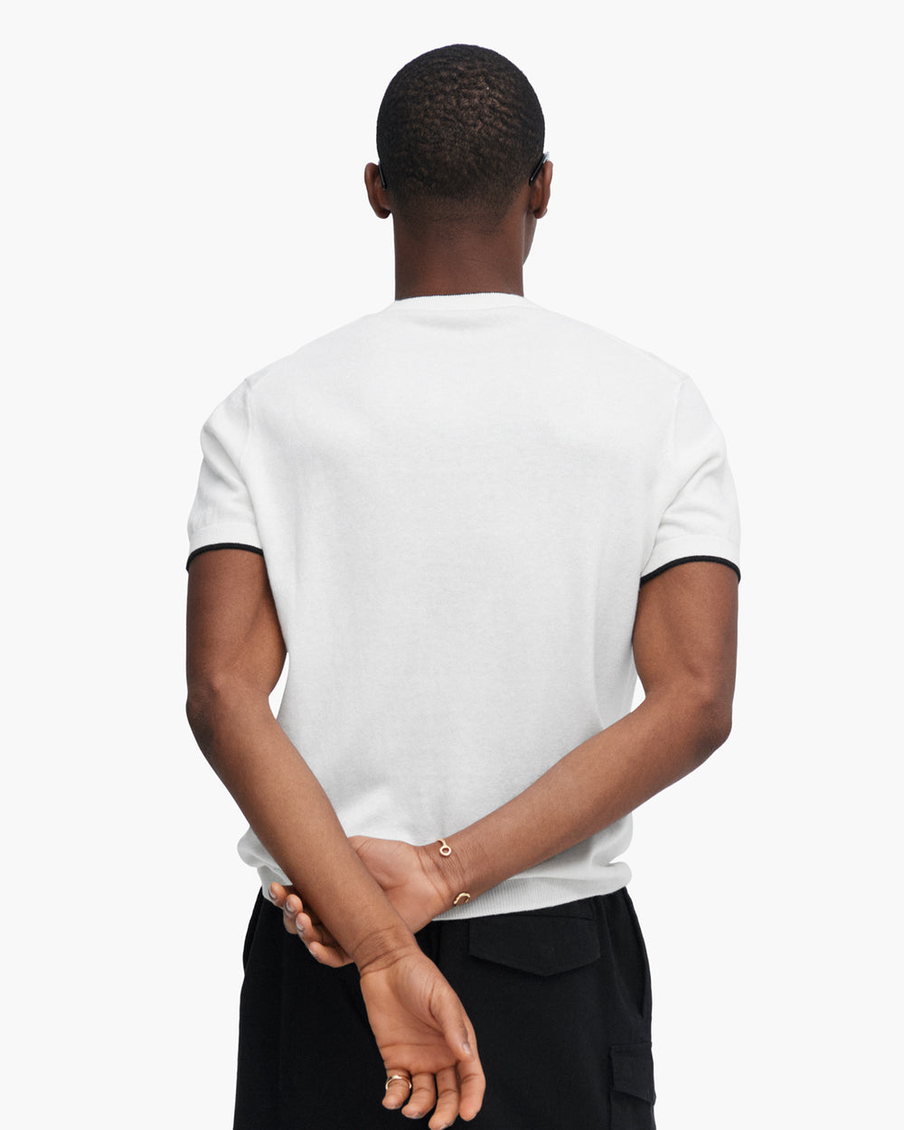 Cotton Cashmere Short Sleeve Crew Neck Sweater with Tipping - White