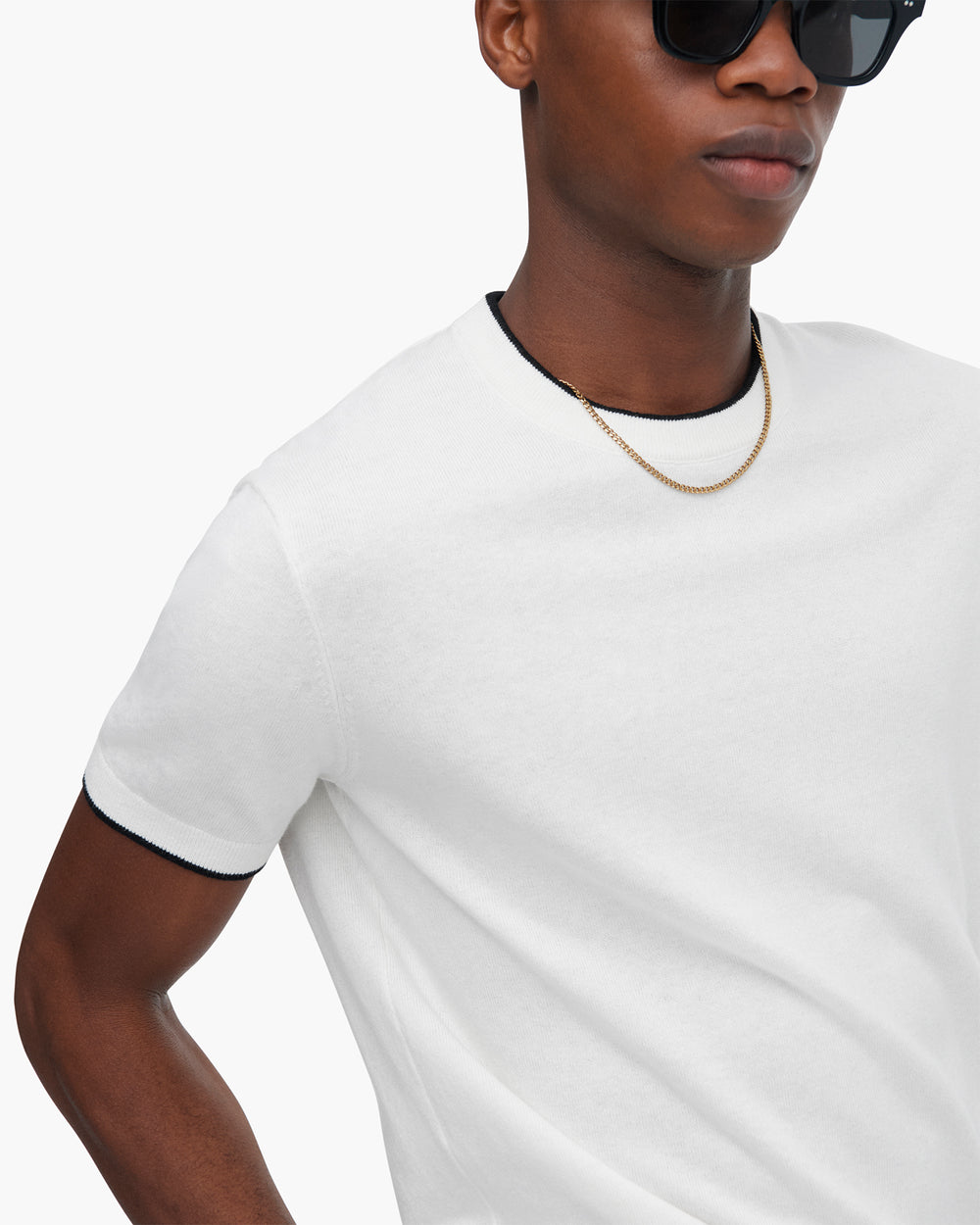 Cotton Cashmere Short Sleeve Crew Neck Sweater with Tipping - White