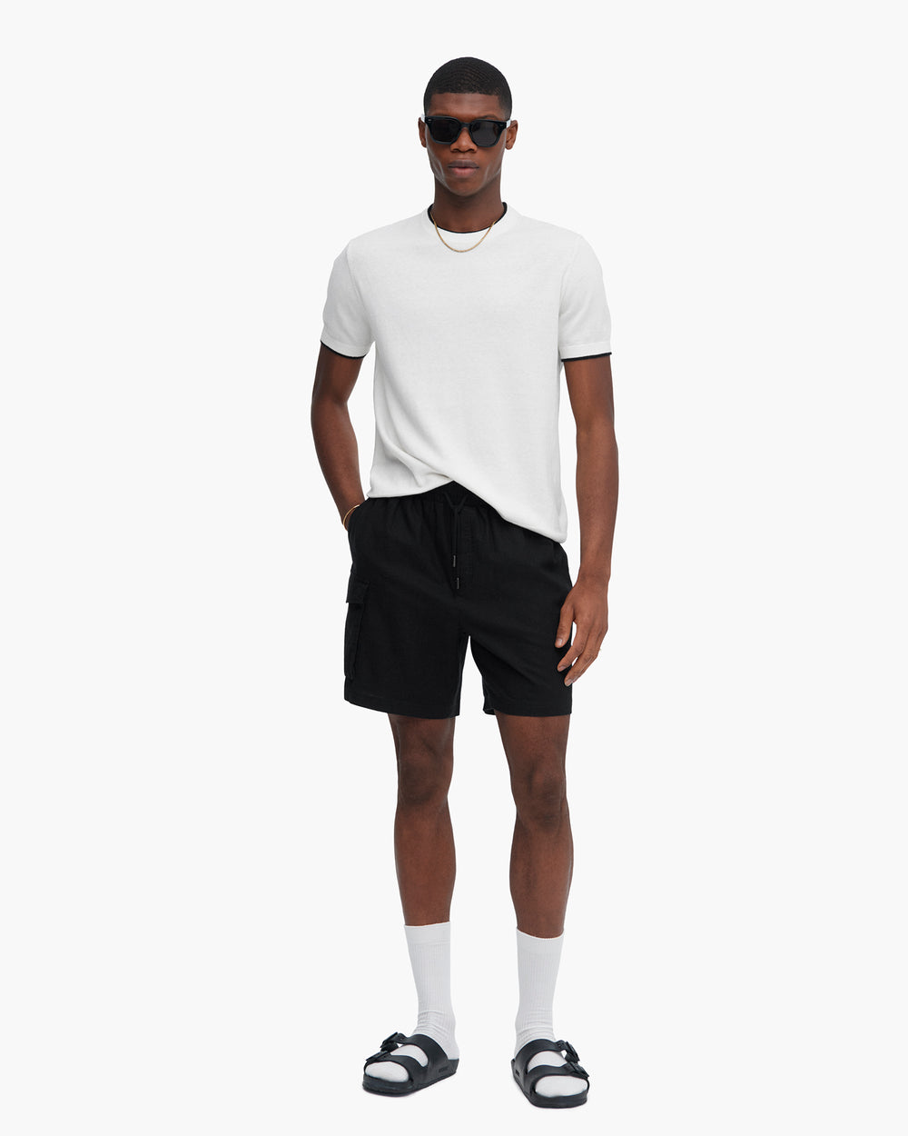 Cotton Cashmere Short Sleeve Crew Neck Sweater with Tipping - White