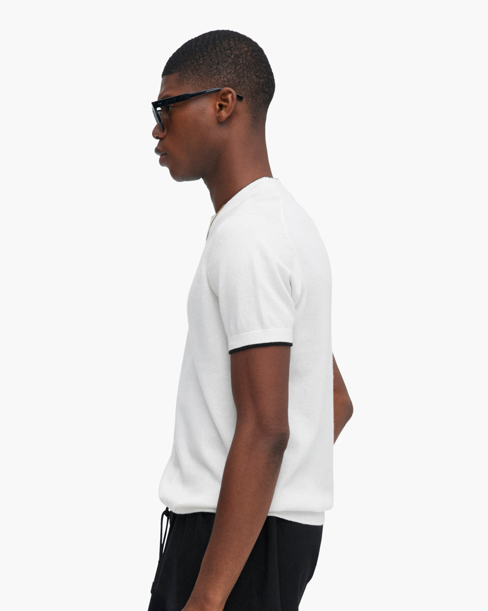 Cotton Cashmere Short Sleeve Crew Neck Sweater with Tipping - White