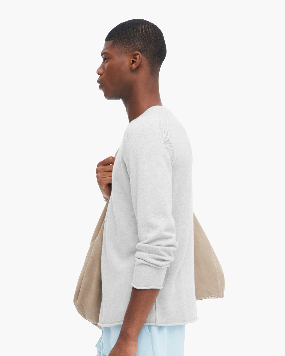 Cotton Cashmere Saddle Shoulder Crew Neck Sweater - H. Silver