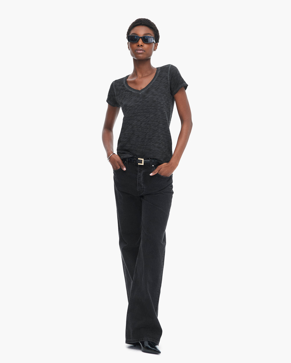 Sublime Wash Slub Jersey Schoolboy V-Neck Tee - Black