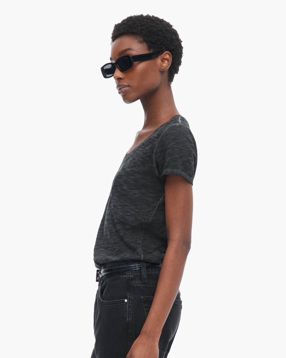 Sublime Wash Slub Jersey Schoolboy V-Neck Tee - Black