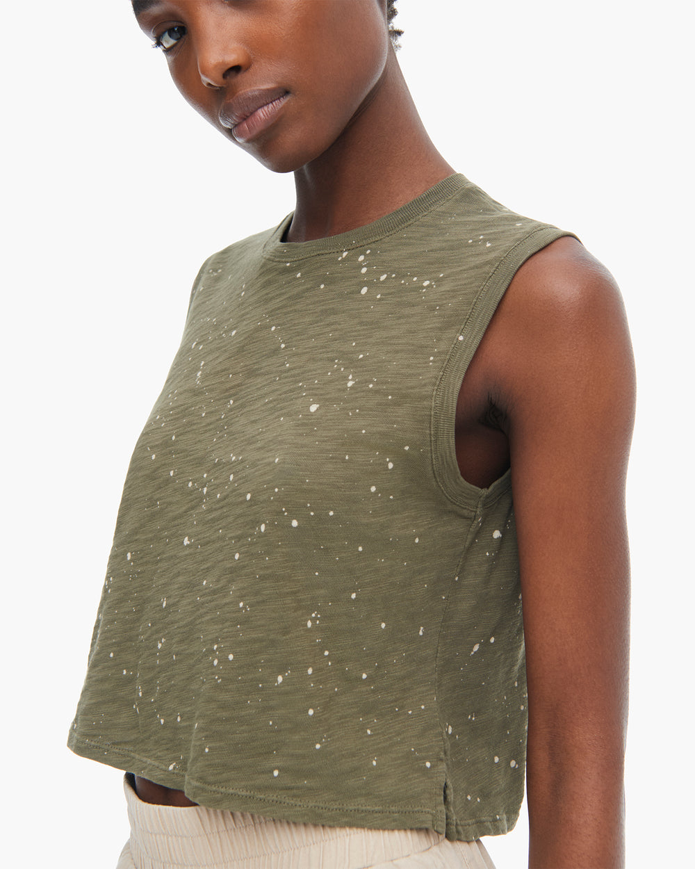 Slub Jersey Splatter Paint Cropped Sleeveless Schoolboy - Army-Faded Dune