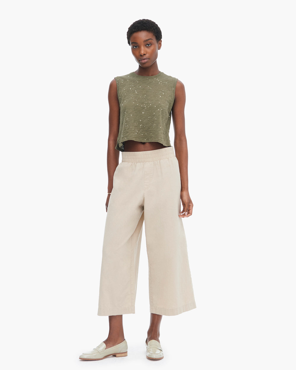 Slub Jersey Splatter Paint Cropped Sleeveless Schoolboy - Army-Faded Dune