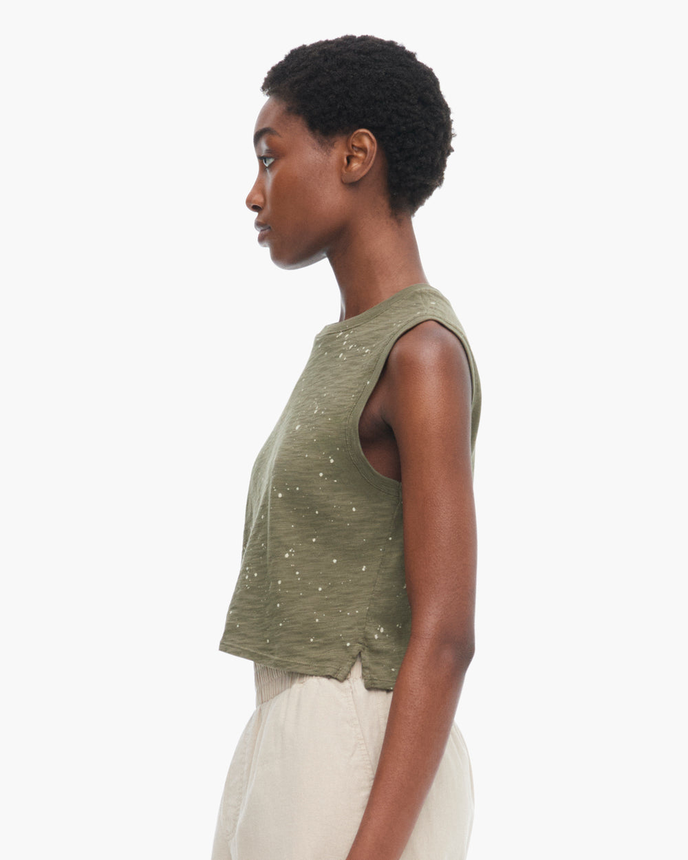 Slub Jersey Splatter Paint Cropped Sleeveless Schoolboy - Army-Faded Dune