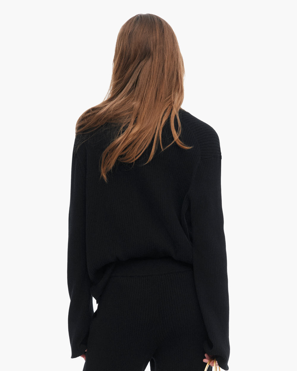 Cotton Cashmere Ribbed Long Sleeve Cardigan - Black