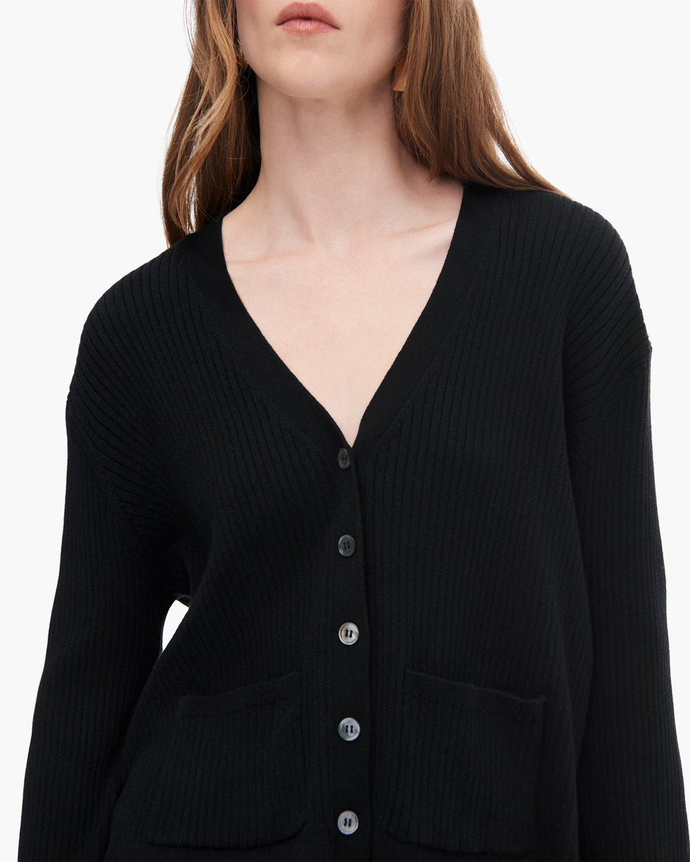 Cotton Cashmere Ribbed Long Sleeve Cardigan - Black