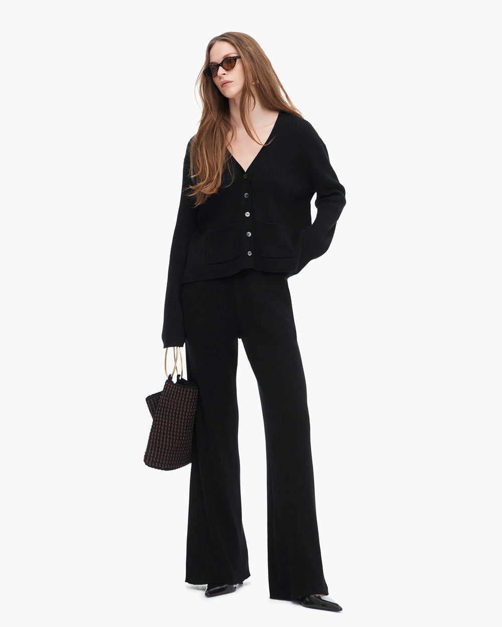 Cotton Cashmere Ribbed Long Sleeve Cardigan - Black