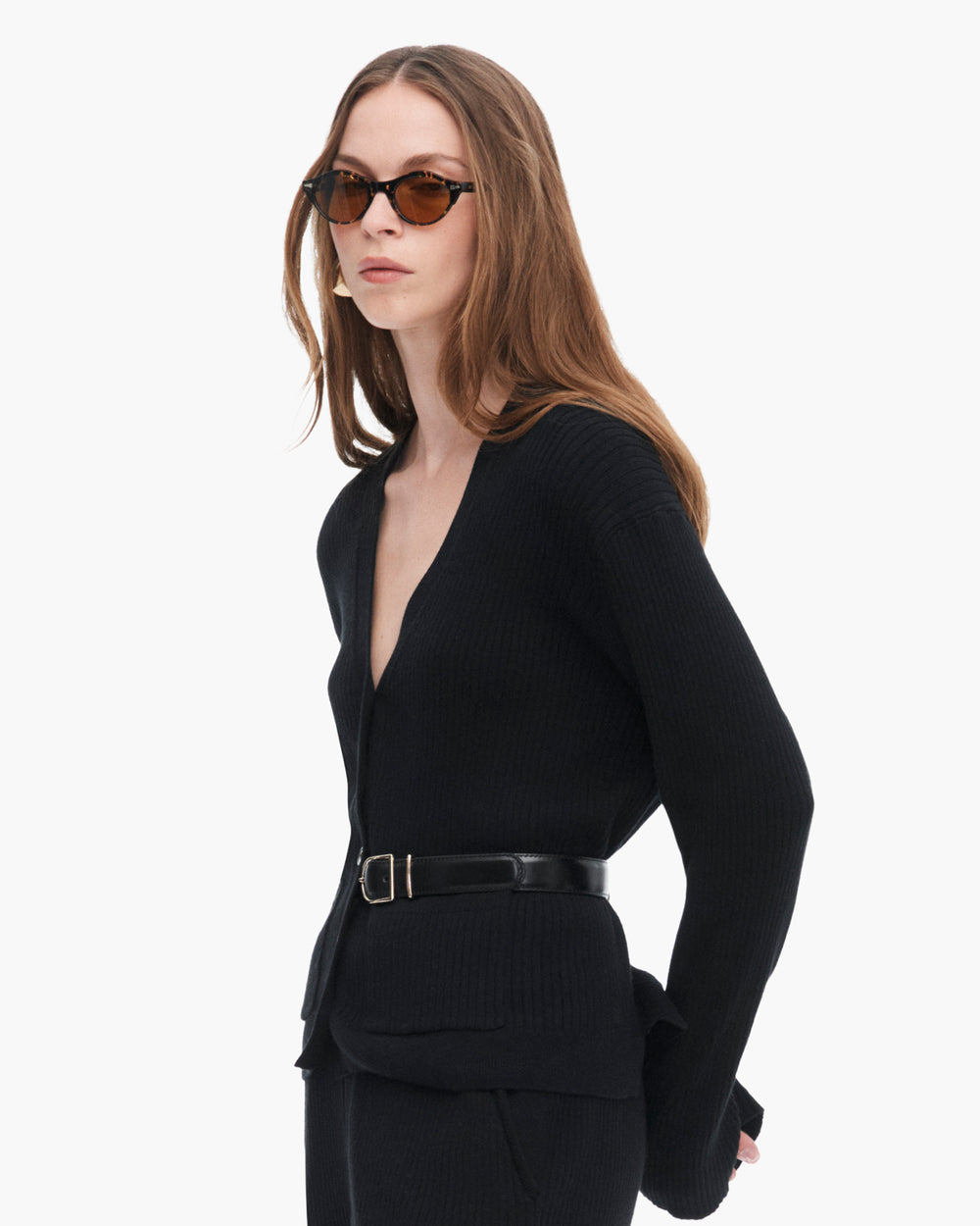 Cotton Cashmere Ribbed Long Sleeve Cardigan - Black