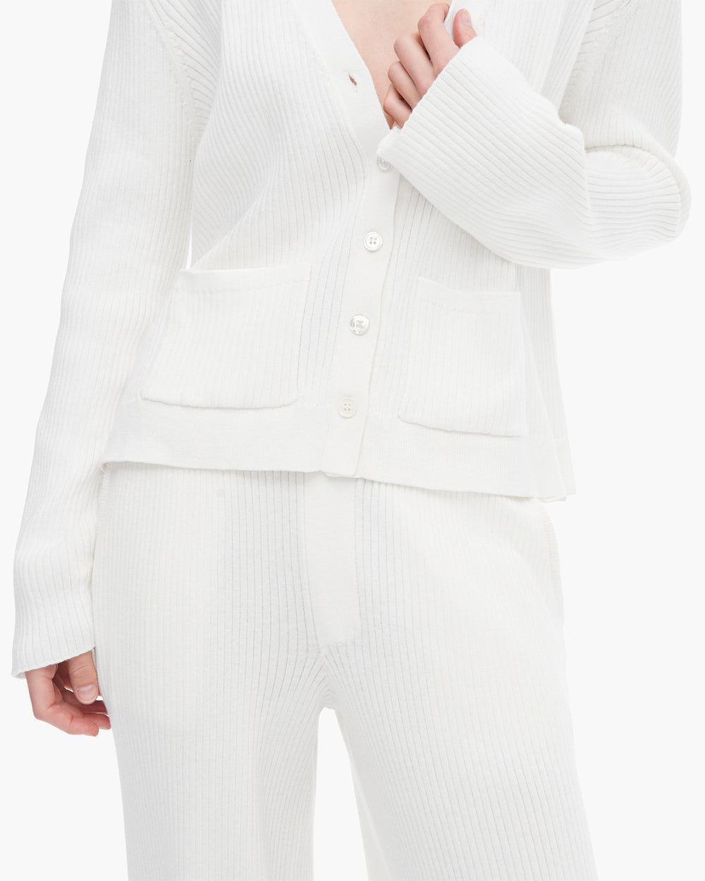 Cotton Cashmere Ribbed Long Sleeve Cardigan - White