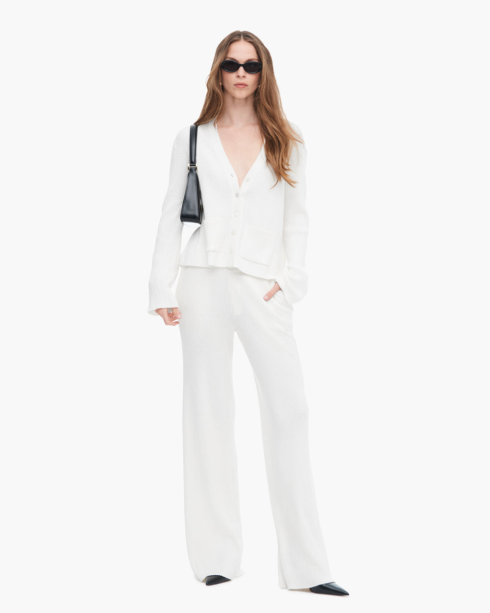 Cotton Cashmere Ribbed Long Sleeve Cardigan - White