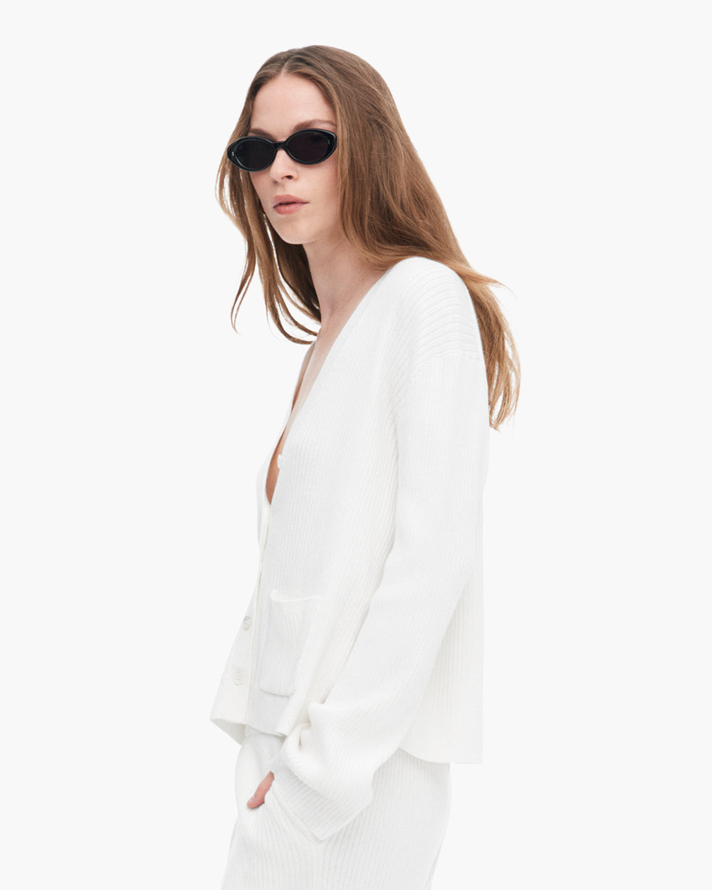 Cotton Cashmere Ribbed Long Sleeve Cardigan - White