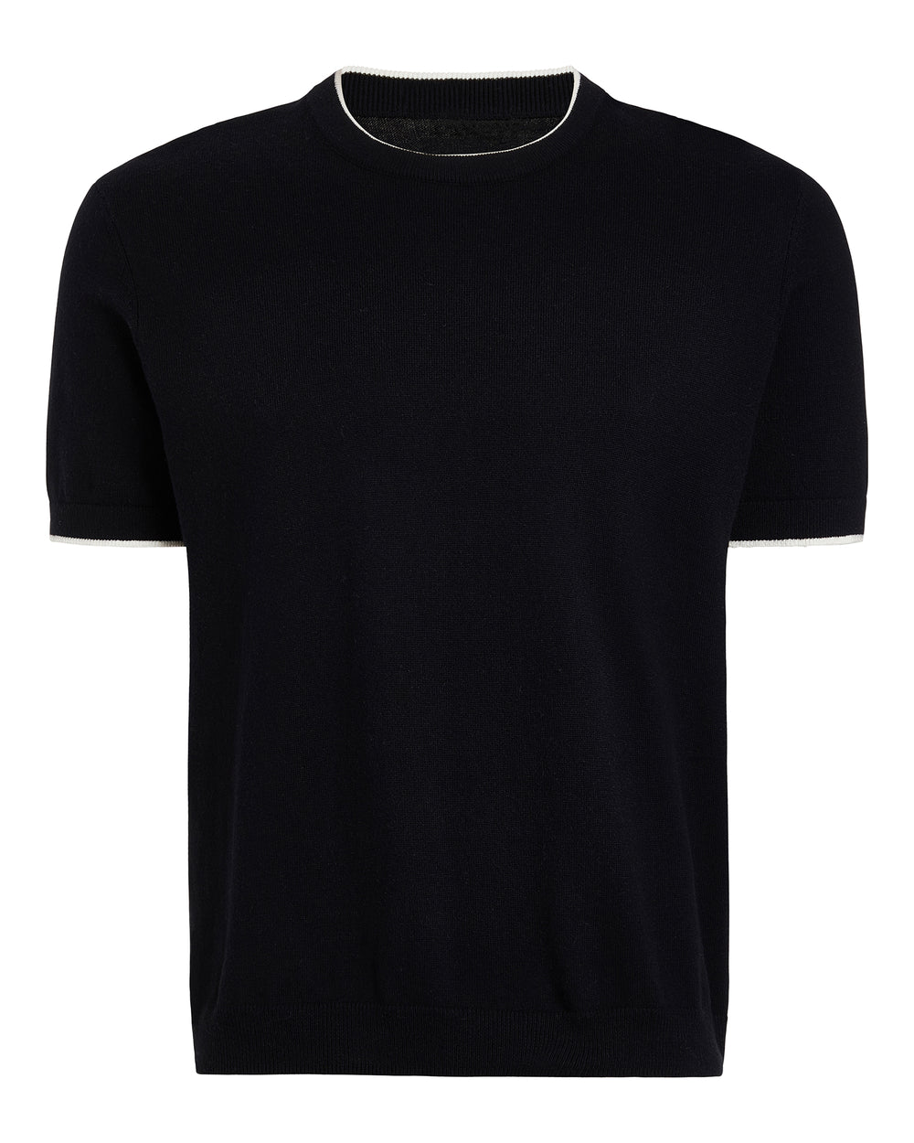 Cotton Cashmere Short Sleeve Crew Neck Sweater with Tipping - Black