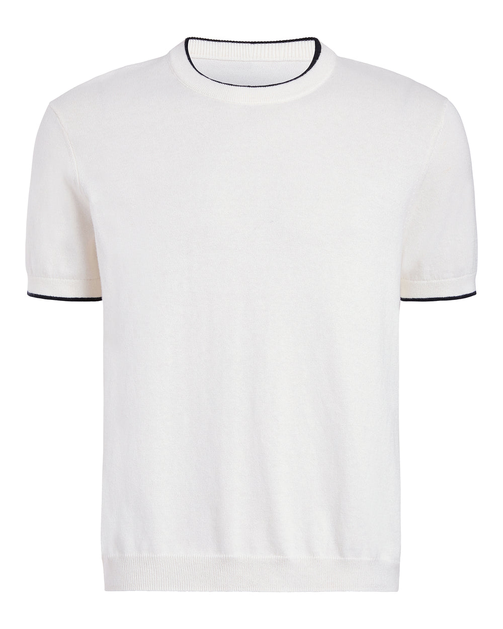 Cotton Cashmere Short Sleeve Crew Neck Sweater with Tipping - White