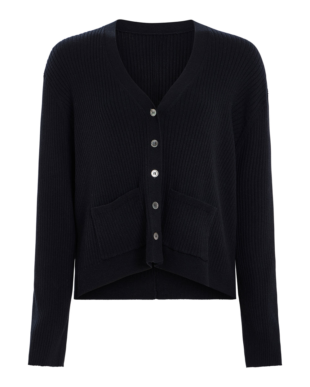Cotton Cashmere Ribbed Long Sleeve Cardigan - Black