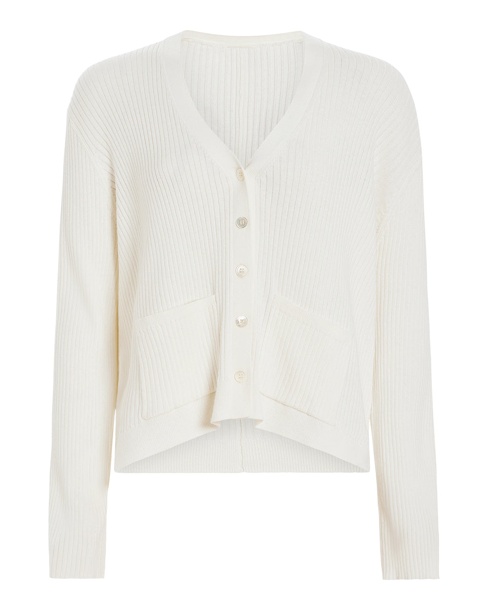 Cotton Cashmere Ribbed Long Sleeve Cardigan - White