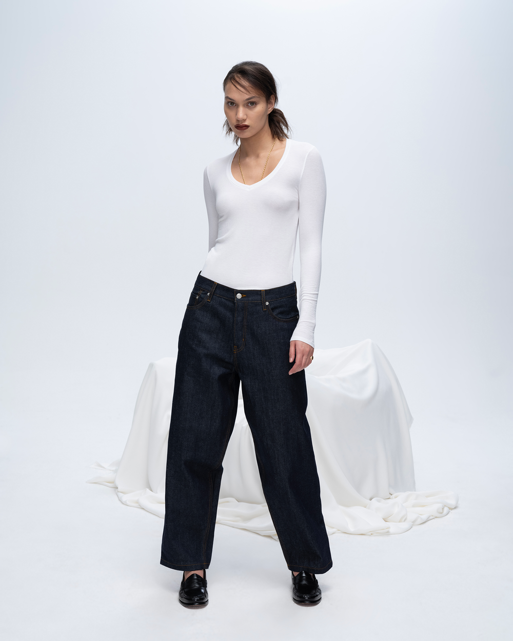 Modal Rib Long Sleeve V-Neck Tee - White