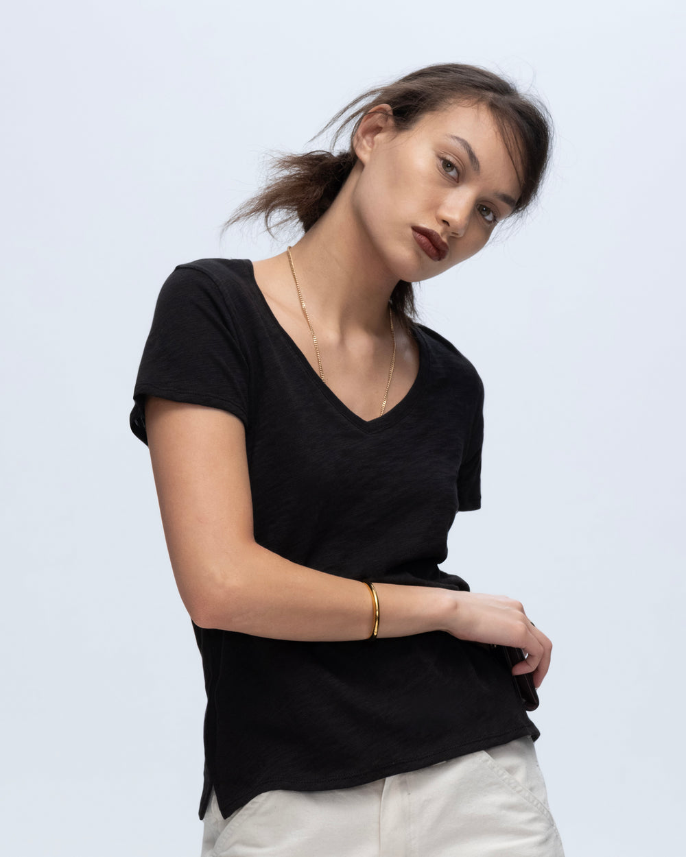 Slub Jersey Schoolboy V-Neck Tee - Black