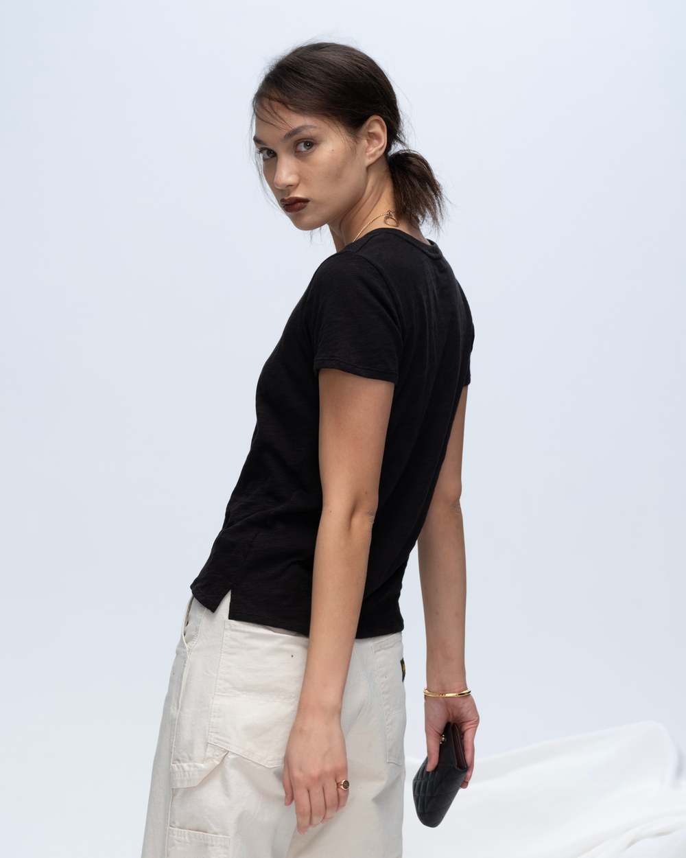 Slub Jersey Schoolboy V-Neck Tee - Black