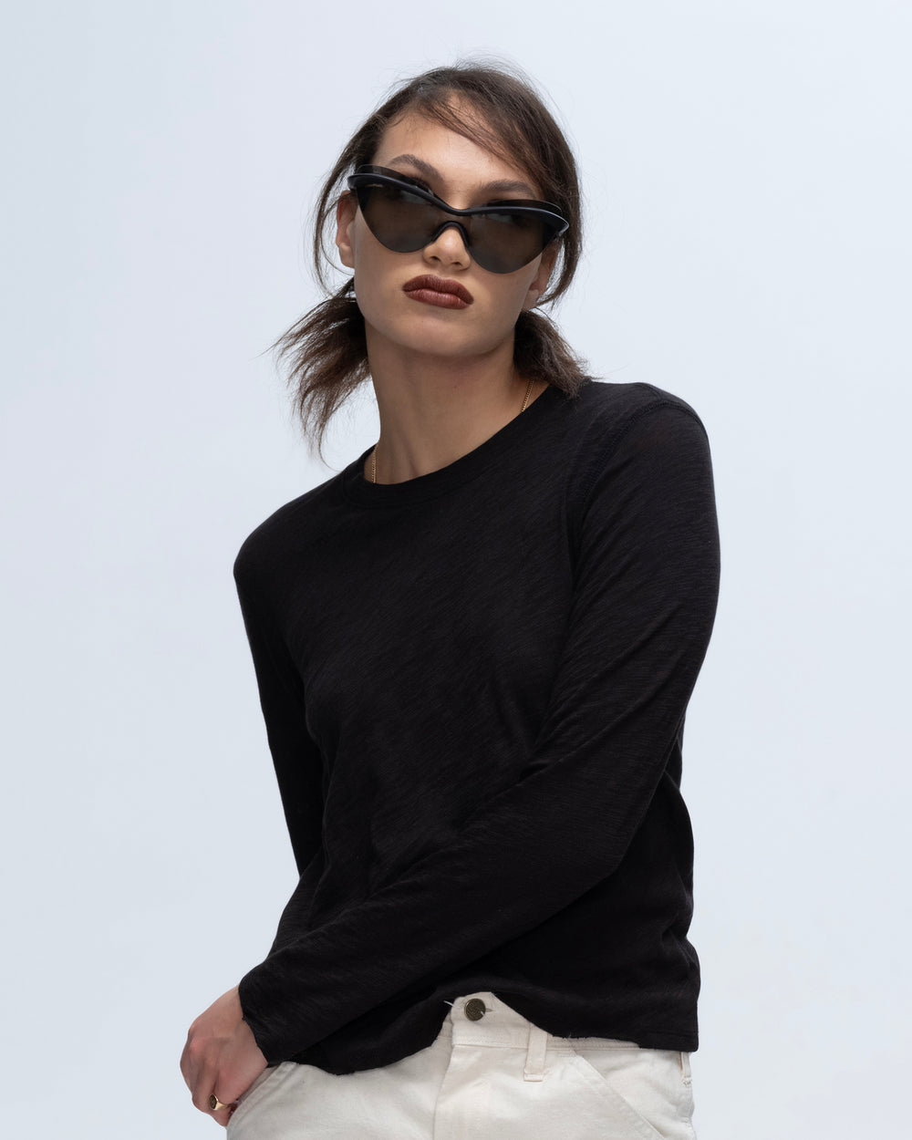 Slub Jersey Long Sleeve Destroyed Wash Crop Tee - Black