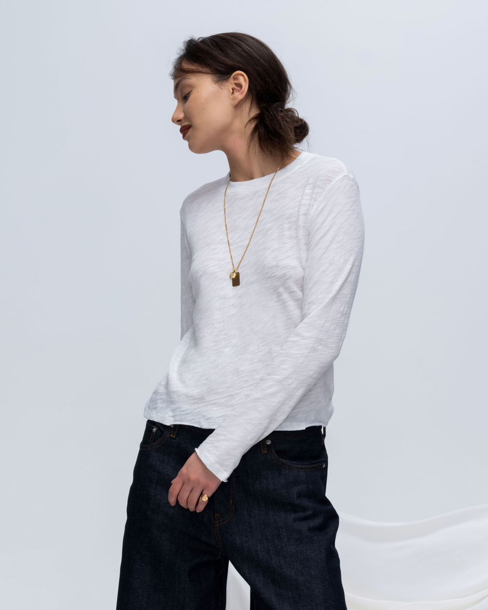Slub Jersey Long Sleeve Destroyed Wash Crop Tee - White