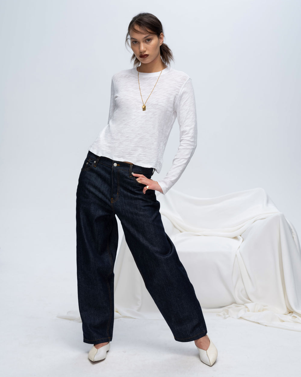 Slub Jersey Long Sleeve Destroyed Wash Crop Tee - White