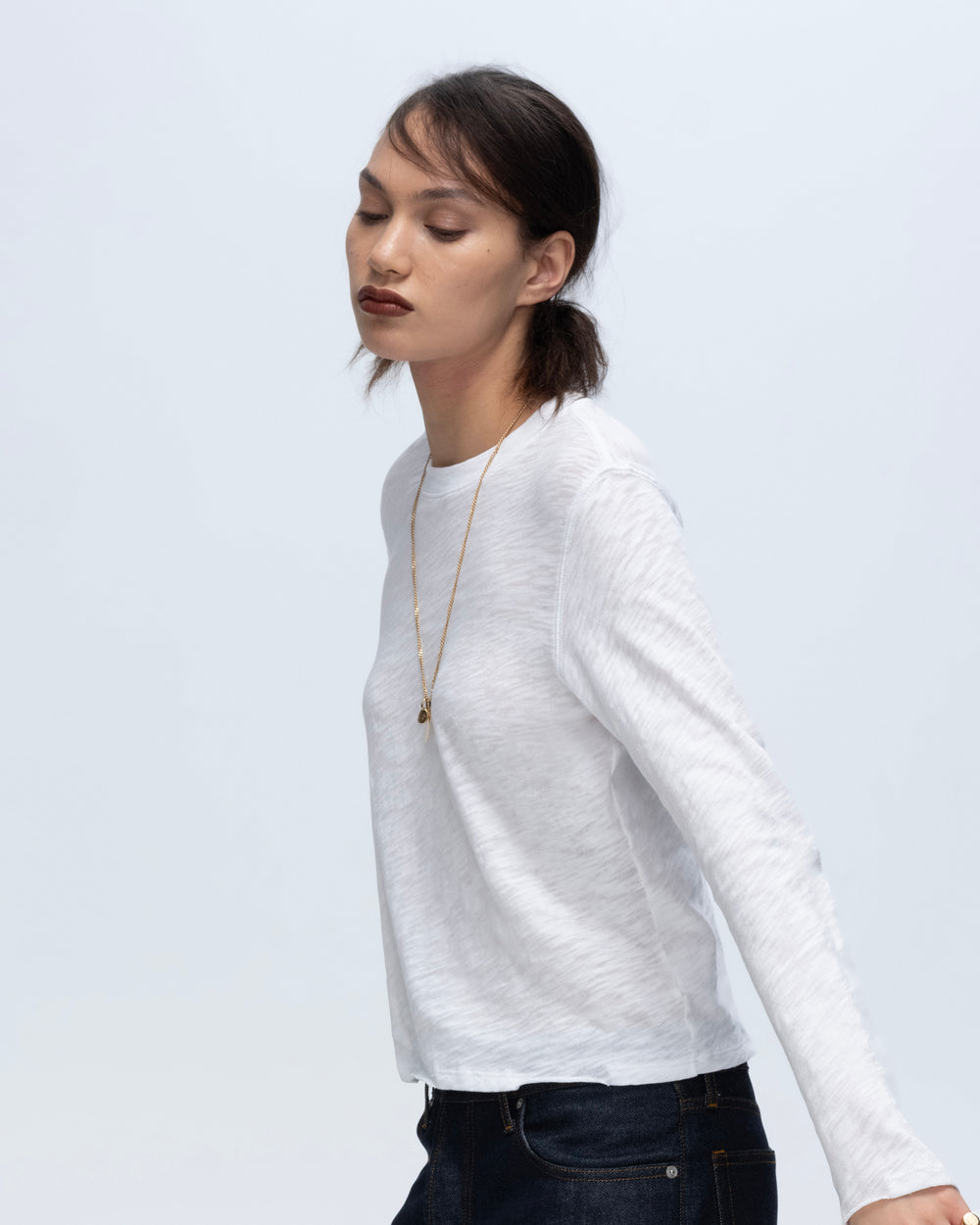 Slub Jersey Long Sleeve Destroyed Wash Crop Tee - White