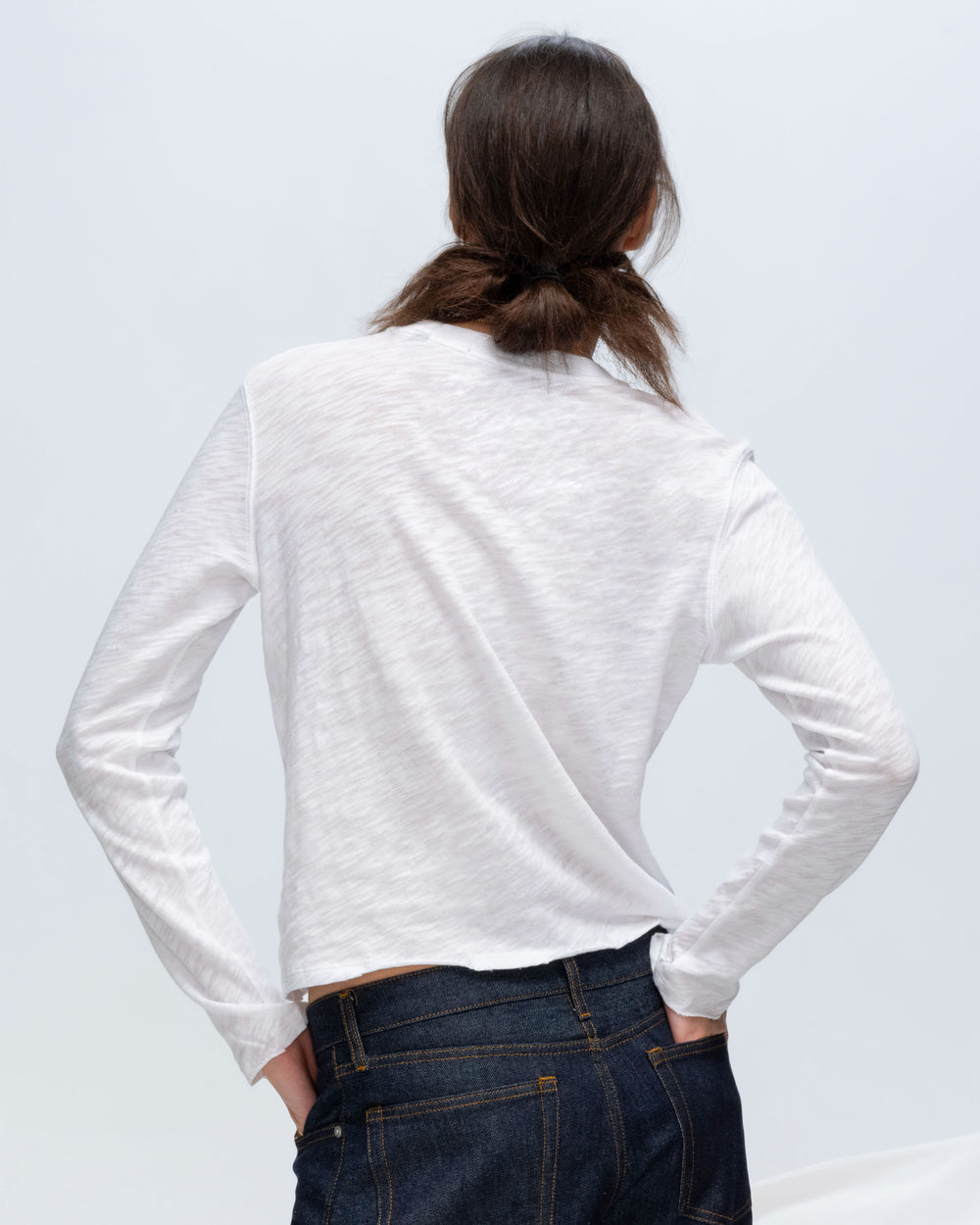 Slub Jersey Long Sleeve Destroyed Wash Crop Tee - White