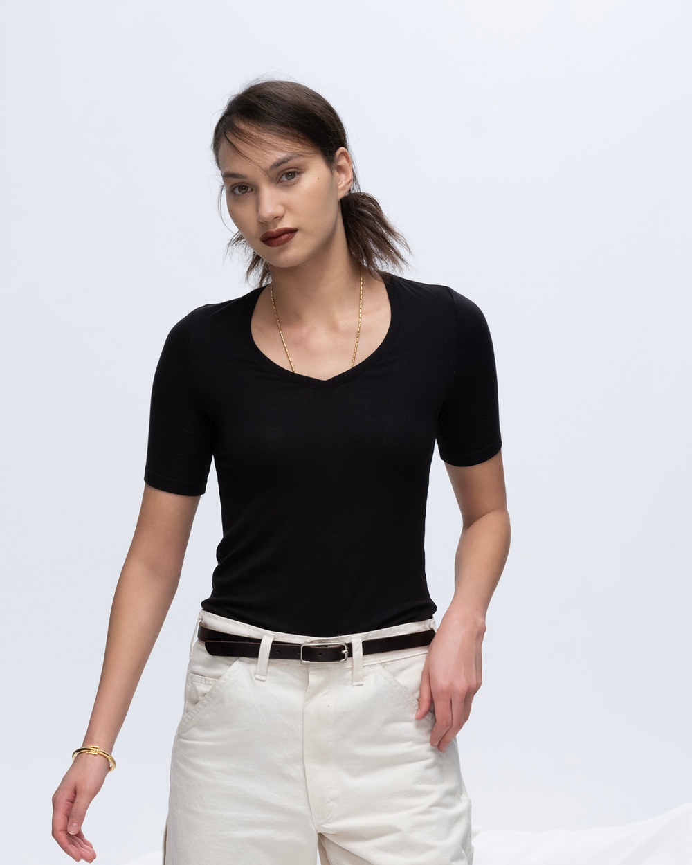 Modal Rib Short Sleeve V-Neck Tee - Black