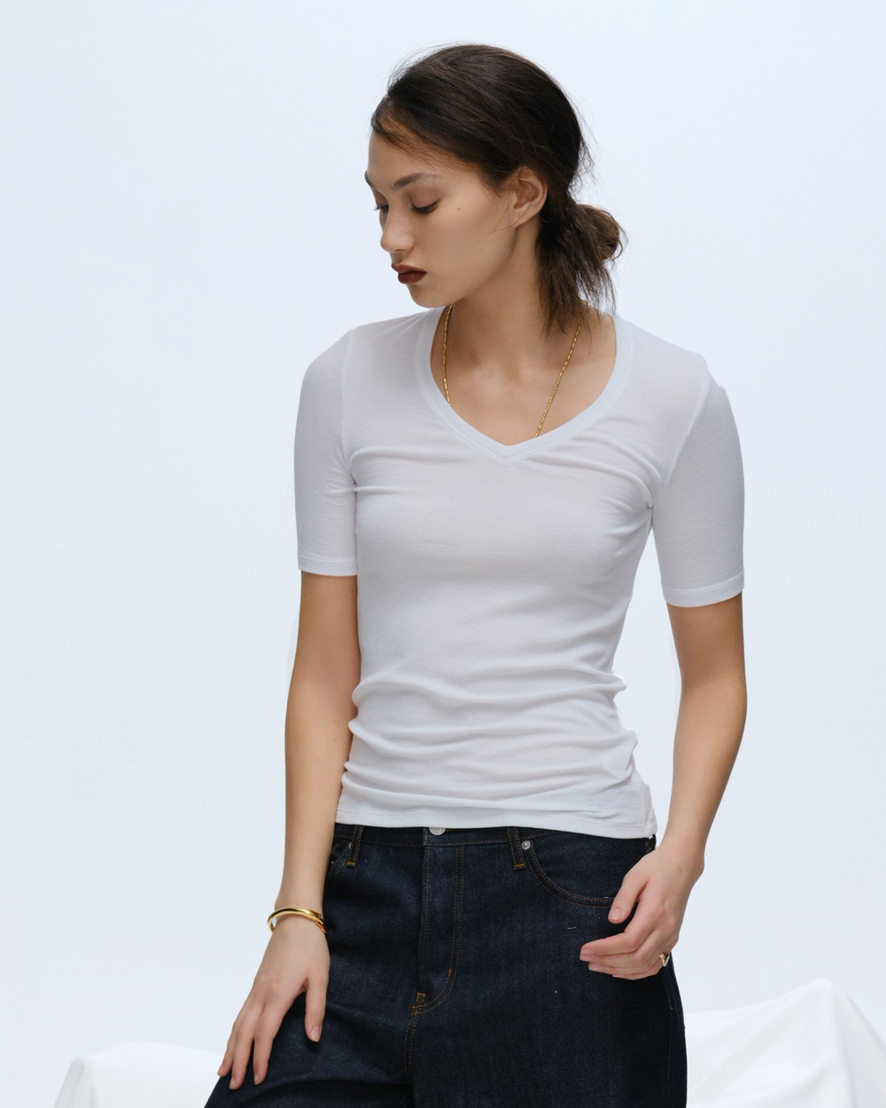 Modal Rib Short Sleeve V-Neck Tee - White