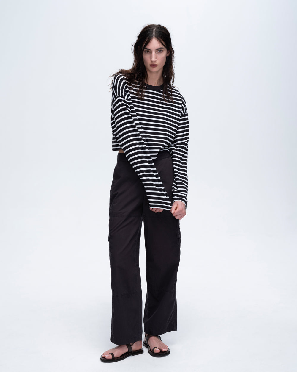 Stripe Classic Jersey Long Sleeve Crew Neck Boxy Tee - Black-White