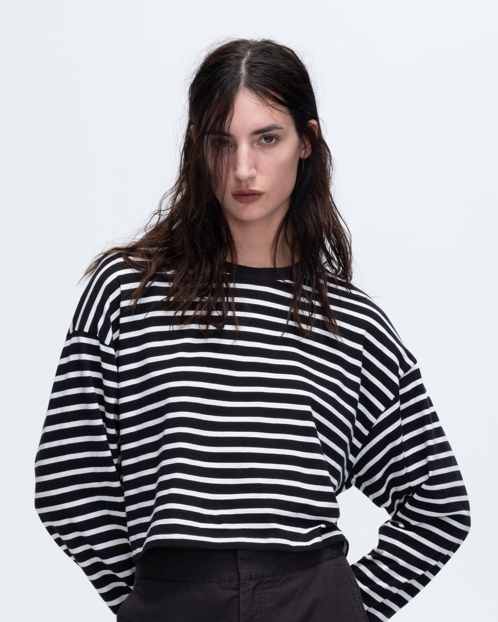 Stripe Classic Jersey Long Sleeve Crew Neck Boxy Tee - Black-White