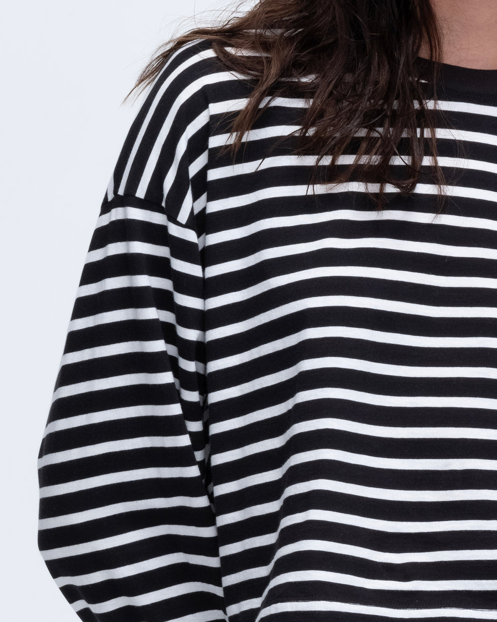 Stripe Classic Jersey Long Sleeve Crew Neck Boxy Tee - Black-White