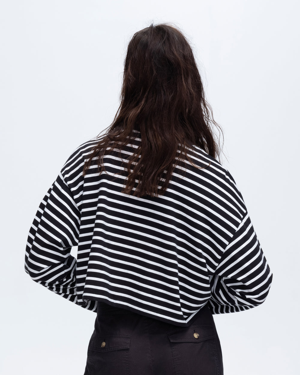 Stripe Classic Jersey Long Sleeve Crew Neck Boxy Tee - Black-White