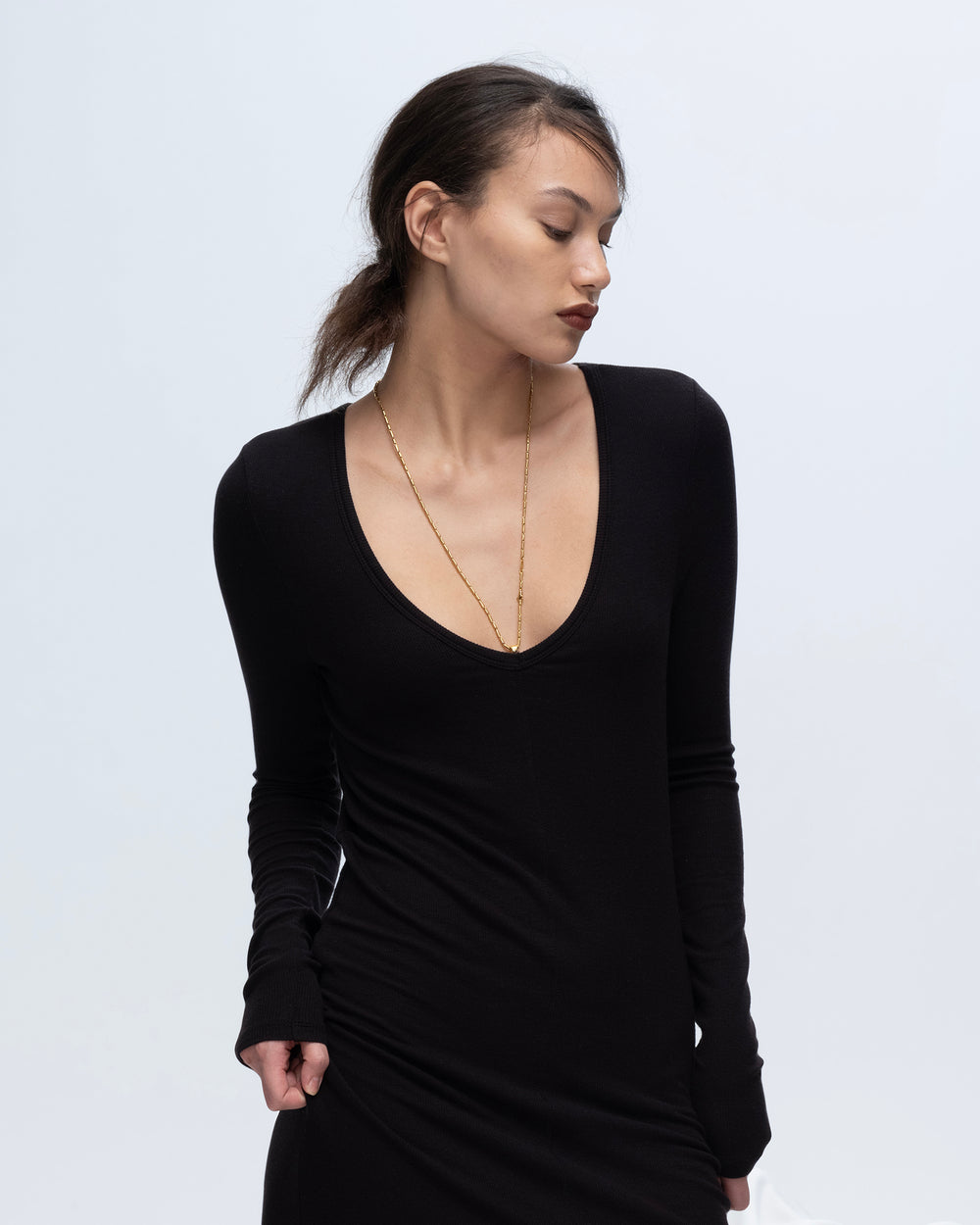 Modal Rib Long Sleeve Deep V-Neck Midi Dress - Black