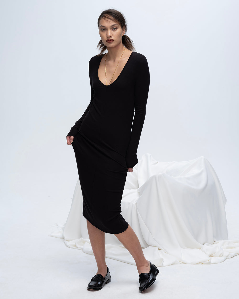 Modal Rib Long Sleeve Deep V-Neck Midi Dress - Black