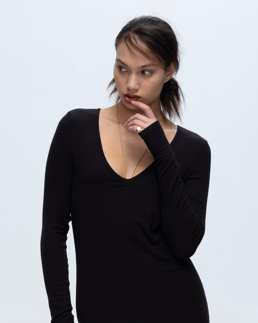 Modal Rib Long Sleeve Deep V-Neck Midi Dress - Black