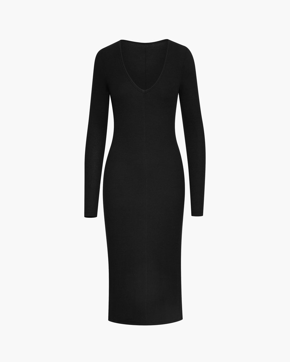 Modal Rib Long Sleeve Deep V-Neck Midi Dress - Black
