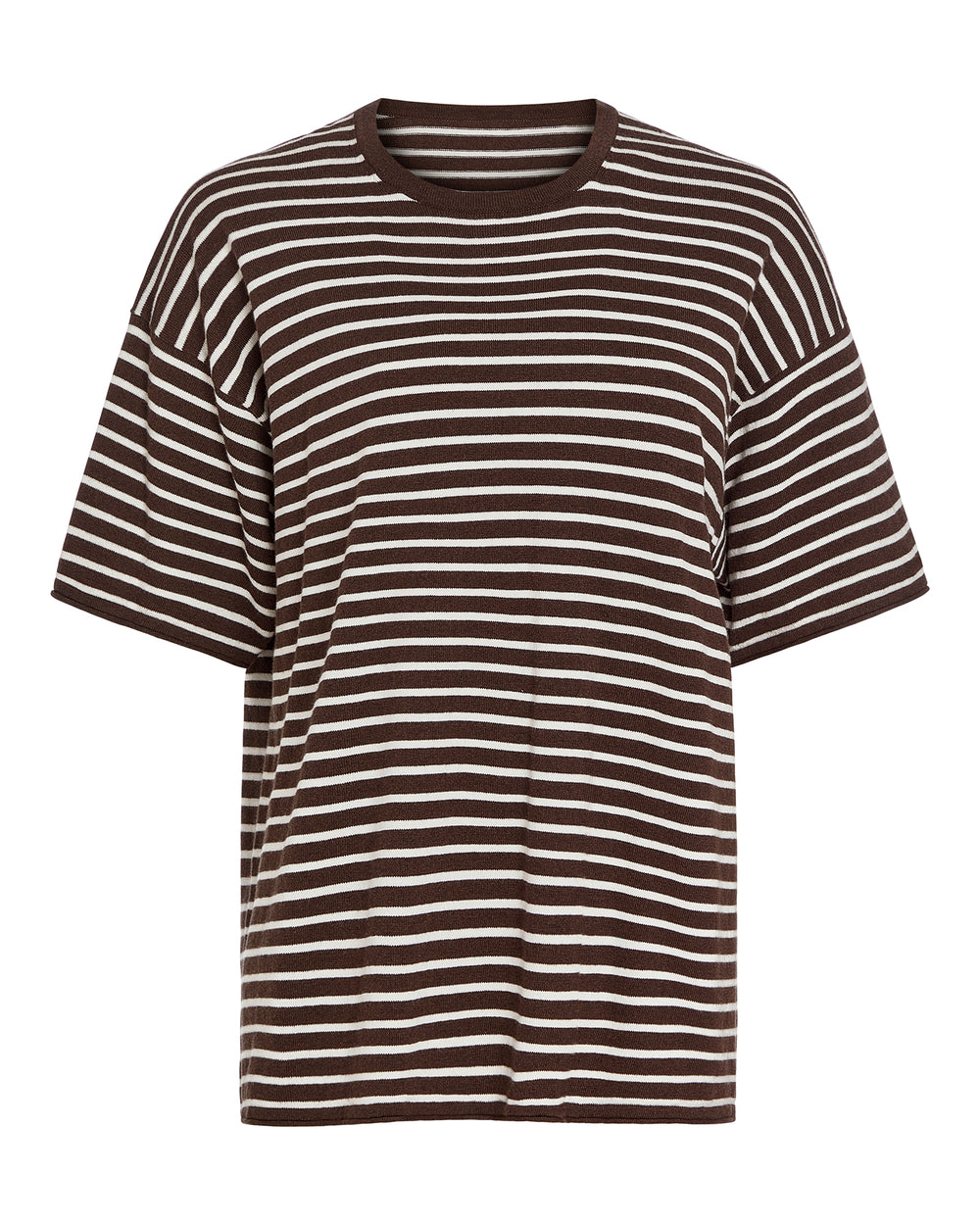 Cotton Cashmere Oversized Striped Crew Neck Tee - Dark Chocolate Chalk