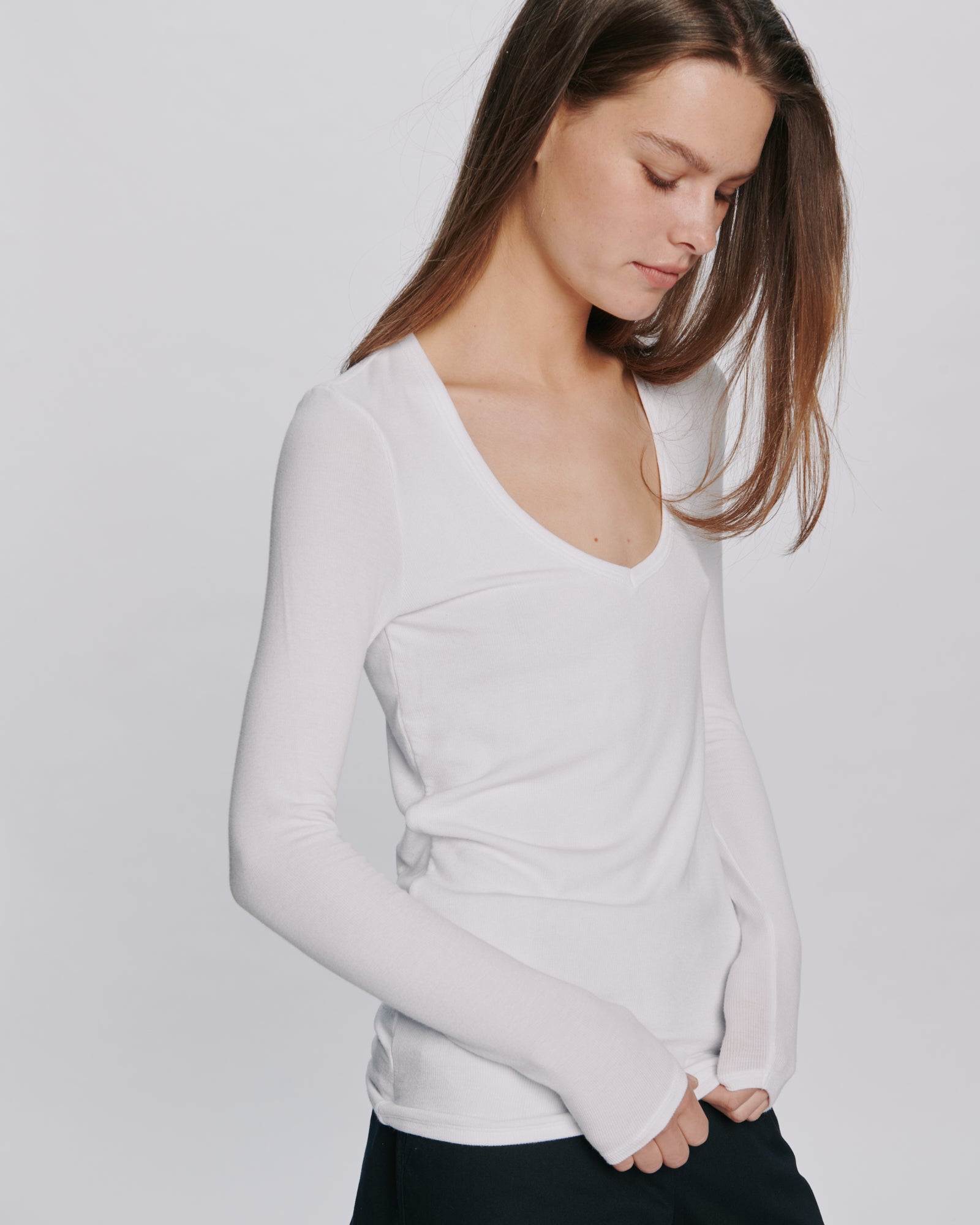 Modal Rib Long Sleeve V-Neck Tee - White – ATM Anthony Thomas Melillo