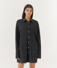 Black Cotton Poplin Long Sleeve Shirt Dress | Women's Dress by ATM Anthony Thomas Melillo