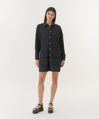 Black Cotton Poplin Long Sleeve Shirt Dress | Women's Dress by ATM Anthony Thomas Melillo