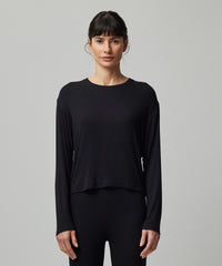 Black Modal Rib Long Sleeve Boxy Tee | Women's Cotton Long Sleeve Tee by ATM Anthony Thomas Melillo